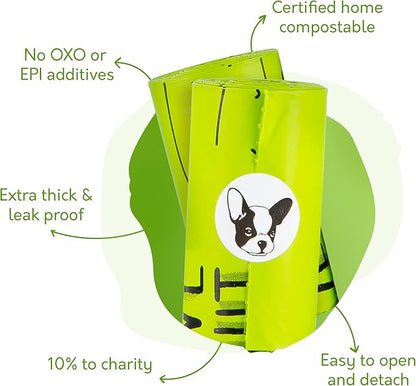 100% Certified Home Compostable Dog Poop Bags - 10% to Charity - ASTM D6400 & EN 13432 Compliant - 120 x Plant Based Compostable Poop Bags (8 Rolls)