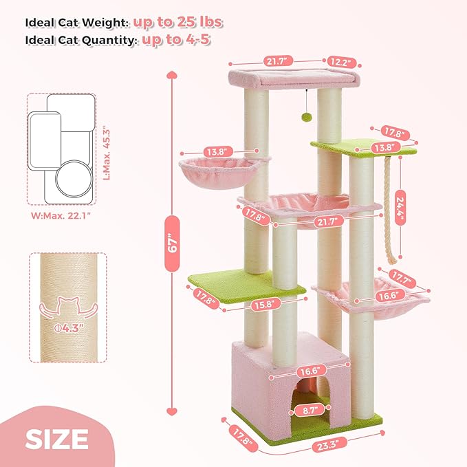 Pink 67" Heavy Duty Cat Tree for Indoor Cats Large Adult, XXL Cat Tower with 13 Thick Scratching Posts (φ4.3), Large Perch, Spacious Condo & Big Hammock - for Maine Coon up to 20 lbs