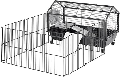 PawHut Small Animal Cage with Foldable Run Area, Rolling Bunny Cage, Guinea Pig Cage, Hedgehog Cage with Water Bottle, Water Bowl, and Ramps, 35" L