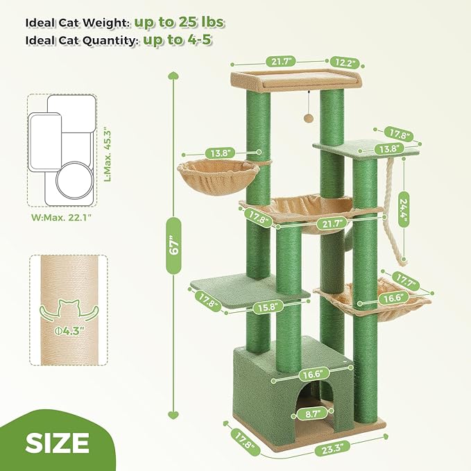 XXL Cactus Cat Tree, 67" Heavy Duty Cat Tower for Indoor Cats Large Adult with 13 Thick Scratching Posts (φ4.3), Large Perch, Spacious Condo & Big Hammock - for Maine Coon up to 20 lbs, Green