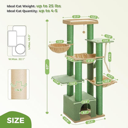 XXL Cactus Cat Tree, 67" Heavy Duty Cat Tower for Indoor Cats Large Adult with 13 Thick Scratching Posts (φ4.3), Large Perch, Spacious Condo & Big Hammock - for Maine Coon up to 20 lbs, Green