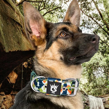 TSPRO Tactical Dog Collar, 1.5 inch Wide, Camo Green, Polyester, Heavy Duty Metal Buckle, Size S