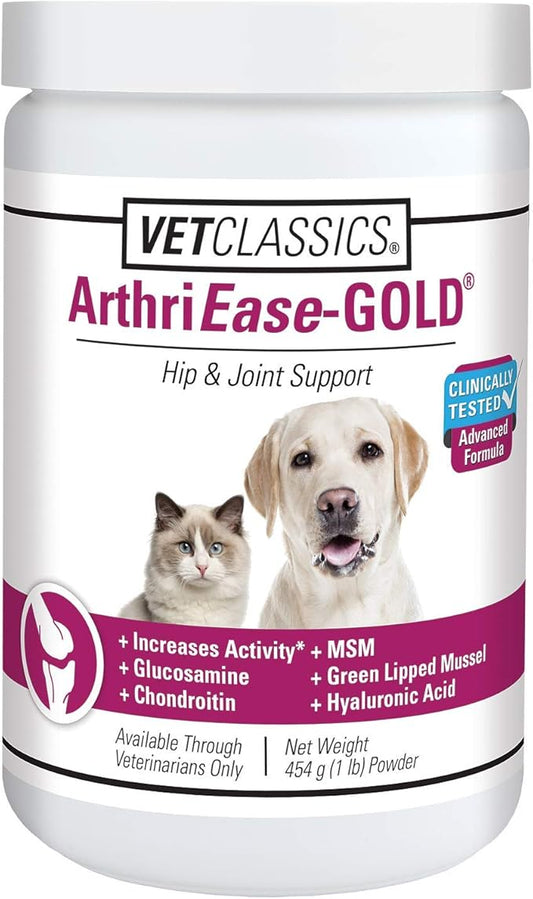 Vet Classics ArthriEase-Gold Hip & Joint Support for Dogs, Cats– Pet Health Supplement Powder – Alleviates Aches, Discomfort – For Flexibility, Healthy Joint Function – Antioxidants – 1 Lb.