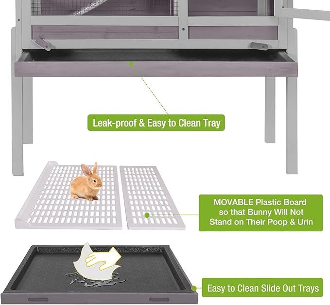 Wooden Guinea Pig Cages Indoor,Two-Story Wooden Rabbit Cage Hutch with Removable Stand and Pull Out Tray, Small Animals Cage Habitat with Ramp and Plastic Mesh(Grey&Purple)