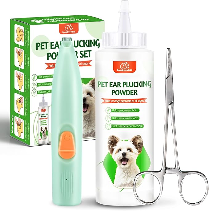 Dog Ear Powder Set, Dog Ear Powder for Hair Removal 30g , 5.5 Inch Hemostat and Dog Clippers for Grooming, Dog Ear Infection Treatment ，Removing Earwax and Odour，Relief of Itching（greener 3pcs)
