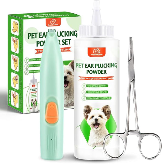 Dog Ear Powder Set, Dog Ear Powder for Hair Removal 30g , 5.5 Inch Hemostat and Dog Clippers for Grooming, Dog Ear Infection Treatment ，Removing Earwax and Odour，Relief of Itching（greener 3pcs)