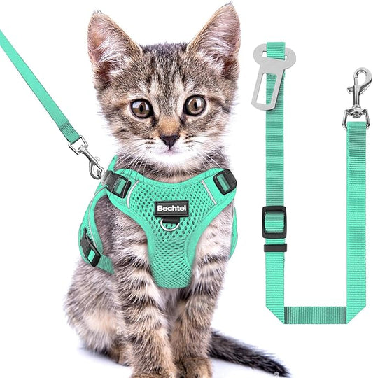 Kitten Harness and Leash Seat, The Upgrade Can be Adjusted in Four Directions and Breathable Cat Harness for Anti Escape That can be Fitted and Positioned, Reflective Strips Harness, Green,XXS