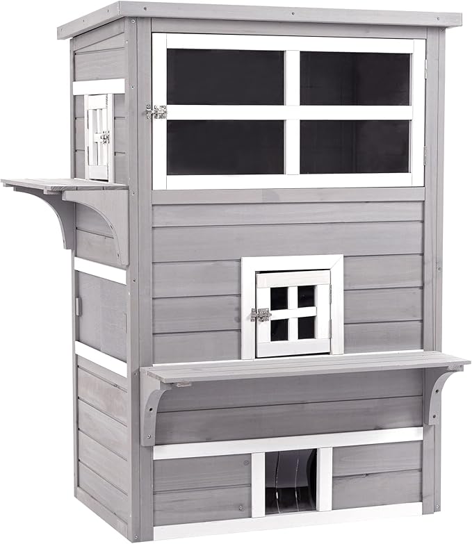 PawHut 3-Story Cat House Feral Cat Shelter, Outdoor Kitten Condo with Raised Floor, Asphalt Roof, Escape Doors, Jumping Platforms, Gray
