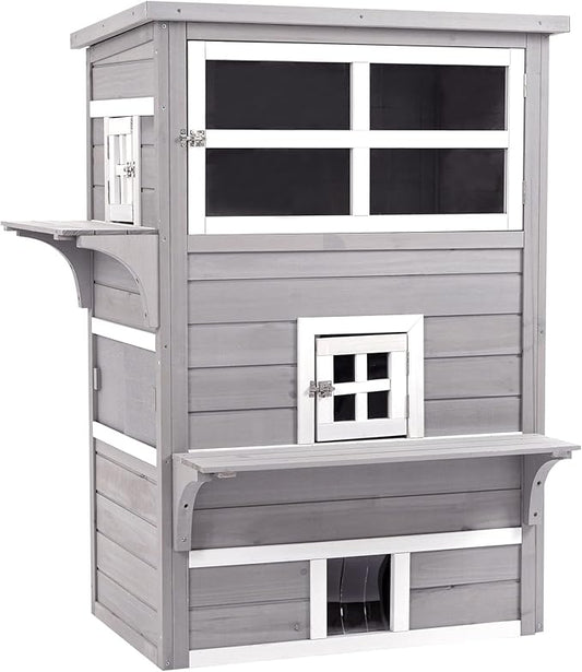 PawHut 3-Story Cat House Feral Cat Shelter, Outdoor Kitten Condo with Raised Floor, Asphalt Roof, Escape Doors, Jumping Platforms, Gray