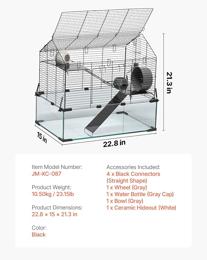 VEVOR Hamster Cage, 360° Viewing Transparent Hamster Habitats, Small Animal Cage, 22.8 x 15 x 21.3 in, Ventilated Pet Mouse Cages with Water Bottle, Portable Hamster House for Rats, Guinea Pigs