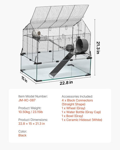 VEVOR Hamster Cage, 360° Viewing Transparent Hamster Habitats, Small Animal Cage, 22.8 x 15 x 21.3 in, Ventilated Pet Mouse Cages with Water Bottle, Portable Hamster House for Rats, Guinea Pigs