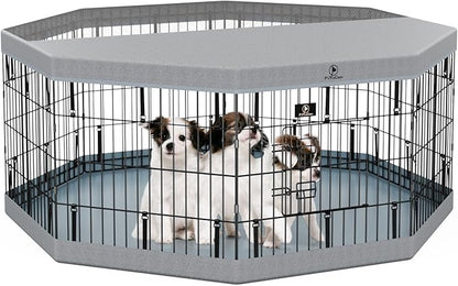 PJYuCien Dog Playpen, 8 Panels 24”H Dog Playpen Indoor with Grey Bottom Pad and Top Cover, Metal Foldable Dog Pen for Indoor Use, Only for Small Medium Animals, Grey