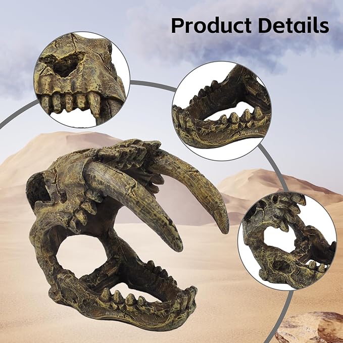 kathson Resin Sabertooth Tiger Skull Bearded Dragon Hideout Skull Reptile Jungle Climbing Vine Flexible Leaves Decor for Small Animals Leopard Gecko Lizard Chameleon Spider