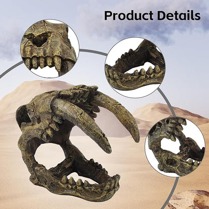 kathson Resin Sabertooth Tiger Skull Bearded Dragon Hideout Skull Reptile Jungle Climbing Vine Flexible Leaves Decor for Small Animals Leopard Gecko Lizard Chameleon Spider