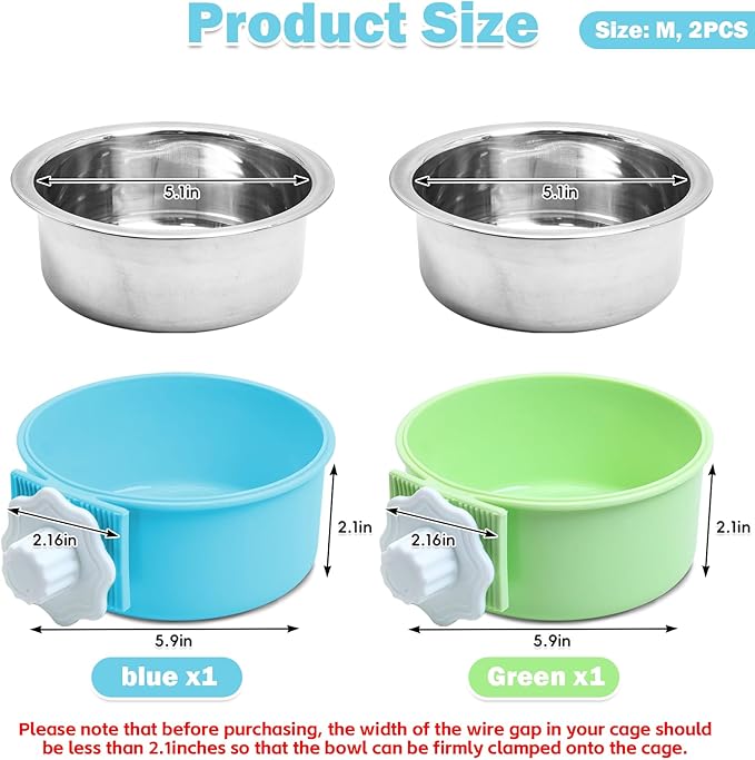 kathson Crate Dog Bowl, Removable Stainless Steel Hanging Pet Kennel Cage Bowl Food & Water Feeder Coop Cup for Puppy, Cat, Rabbit, Guinea Pigs Ferret Bird (2 PCS, Size: M, Blue and Green)