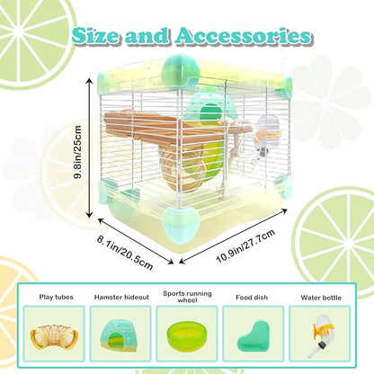 2 Layers Hamster Cage with Tubes Mouse Cage with Accessories Water Bottle Food Dish Transparent Hamster Habitat with Exercise Wheel for Hamster Guinea Pig Gerbil (10.9" x 8.1" x 9.8" Yellow)