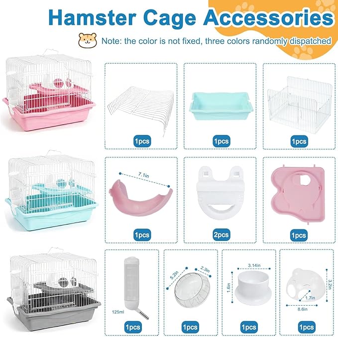 1 PCS Dwarf Hamster Cage Portable, 2-Tier Small Animal Habitat Travel Hamster Cages with Exercise Wheel, Water Bottle, Food Dish for Dwarf Hamsters, Mice, Gerbils (Grey/Blue/Pink, Random Delivery)