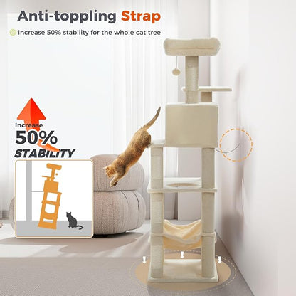 PEQULTI 56.3'' Cat Tree for Indoor Cats, Multi-Level Cat Tower with 2 Top Perch. Cat Condo, Hammock and Sisal-Covered Scratching Post, Beige