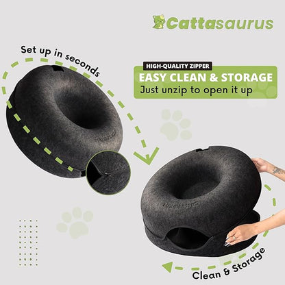 Cattasaurus Peekaboo Cat Cave, Extra Spacious for Multiple & Large Cats 12+ lbs, Scratch Detachable Beds for Indoor Cats, Washable Tunnel Bed, Comfy Cat Donut Tunnel (Dark Gray+Dark Gray, Jumbo)
