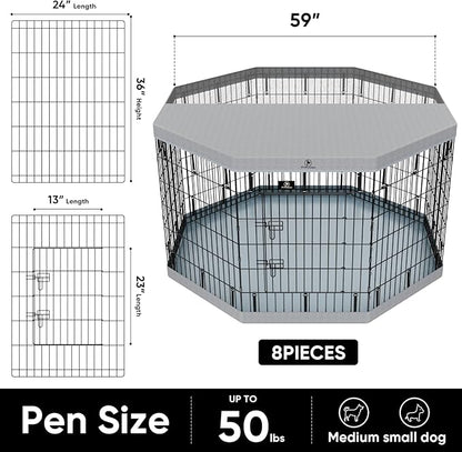 PJYuCien Dog Playpen, 8 Panels 36”H Dog Playpen Indoor with Grey Bottom Pad and Top Cover, Metal Foldable Dog Pen for Indoor Use, Better for Small Medium Animals, Grey