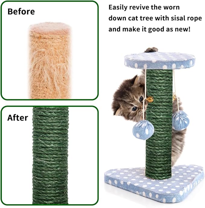 Green Sisal Rope 1/4 Inch by 49-Feet for Cat Scratching Post Tree Tower Replacement Repair and Replace, DIY Hemp Twine Rope for Kittens Shelves Furniture Window Bed Perch House Climbing, 6mm by 15m