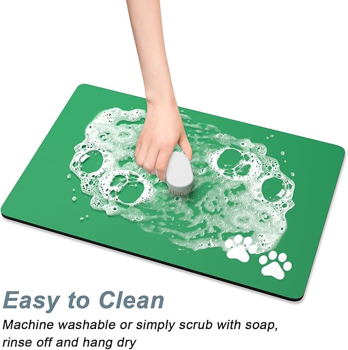 Rnivvi Dog Food Mat, 16" x 24" Footprint Absorbent Dog Cat Bowl Mat for Food and Water, Cute Anti-Slip Rubber Pet Feeding Rug Protect Floors, Puppy Placemat for Feeding & Watering Supplies, Green