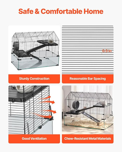 VEVOR Hamster Cage, 360° Viewing Transparent Hamster Habitats, Small Animal Cage, 29.5 x 17.3 x 24 in, Ventilated Pet Mouse Cages with Water Bottle, Portable Hamster House for Rats, Guinea Pigs
