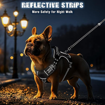 Tactical Dog Harness and Leash Set Small Sized Dog,Heavy Duty No Pull Service Dog Vest and 10 Patches with Dog Seat Belt,Reflective Adjustable Pet Harness for Training Walking Hiking Black S