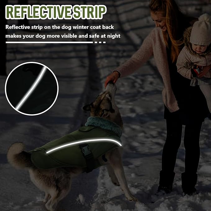 DENTRUN Extra Large Warm Dog Jacket - Windproof Water Repellent Reflective Coat, Adjustable Plush Turtleneck, Easy Wear Fleece Lined Cold Weather Vest for Great Dane, Army Green, XXXL