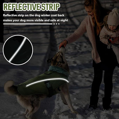 DENTRUN Extra Large Warm Dog Jacket - Windproof Water Repellent Reflective Coat, Adjustable Plush Turtleneck, Easy Wear Fleece Lined Cold Weather Vest for Great Dane, Army Green, XXXL