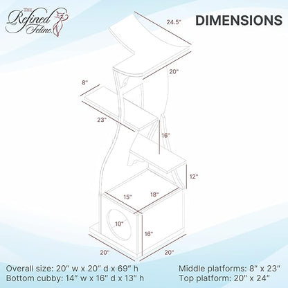 THE REFINED FELINE 69 Inch Tall Smoke Gray Lotus Cat Tower, Multi-Level Modern Cat Tree for Indoor Cats with Scratching Post, Climbing Cat Condo with Cushioned Cubby