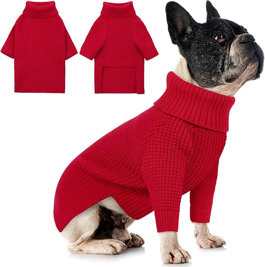 Queenmore Dog Sweaters for Medium Dogs, Waffle Knit Doggie Sweater with Long Sleeve, Dog Sweaters for Medium Dogs, Cat Christmas Sweater, Red M