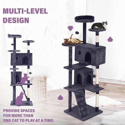 70 Inches Cat Tower for Indoor Cats, Multi-Level Cat Condos with Scratching Posts, Hanging Toys, Ashy