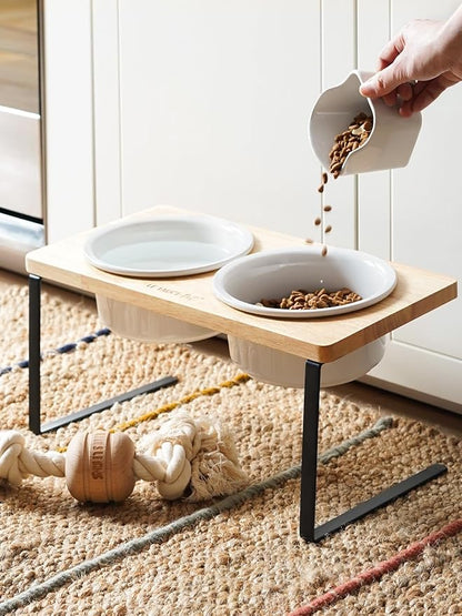 Elevated Dog Bowls, Raised Dog Bowl Stand with Two 6.5 inch Ceramic Bowl, Non-Slip Puppy Food and Water Bowls, Dogs Feeder for Small and Medium Breed, White