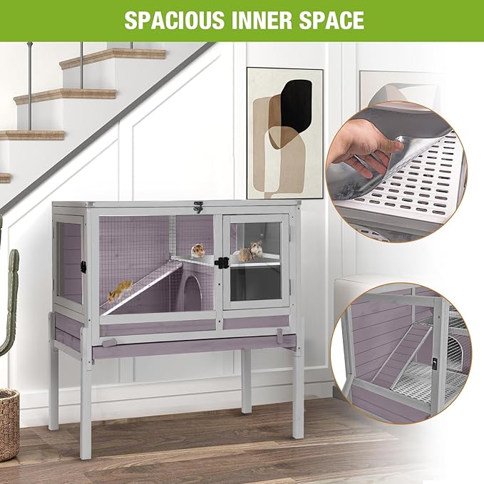 Wooden Guinea Pig Cages Indoor,Two-Story Wooden Rabbit Cage Hutch with Removable Stand and Pull Out Tray, Small Animals Cage Habitat with Ramp and Plastic Mesh(Grey&Purple)