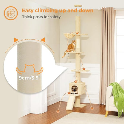 PETEPELA Floor to Ceiling Cat Tree[83"-108"], Cat Tower 5 Levels, Height Adjustable, Cat Scratching Post with Top Perches and Spacious Condo for Large Indoor Cats, Beige