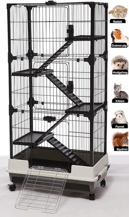 Large 5-Tiers Deluxe in/Outdoor Chinchilla Ferret Squirrel Hedgehog Kitten Rabbit Bunny Hutch House Critter Habitat Mesh Floor Easy Clean 2-Inch Deep Pull Out Tray with Rolling Casters