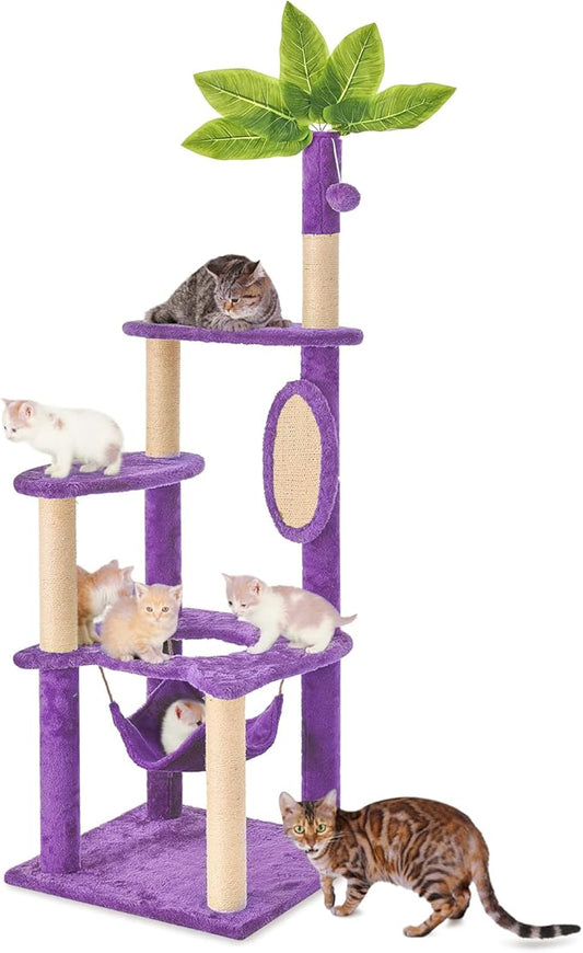 55" Cat Tree for with Green Leaves, Multi-Level Large Cat Tower with Hammock, Plush Cat House with Hang Ball Toy and Sisal Scratching Posts Furniture, Deep Purple