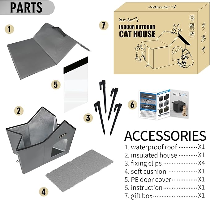 Rest-Eazzzy Outdoor Cat House, Feral Cat House Insulated with Mat and Clip, Weatherproof and Insulated, Cat Beds for Cats Kittens Puppies, Never Blow Away (Grey, M 13" X 17" X 20")