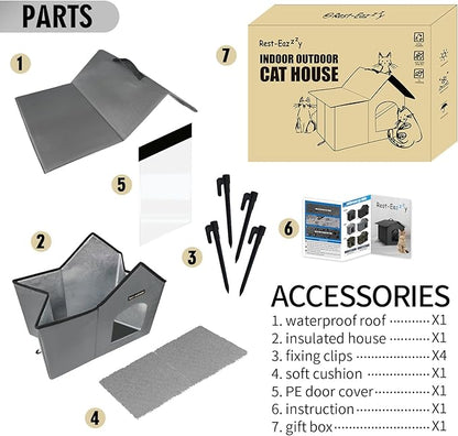 Rest-Eazzzy Outdoor Cat House, Feral Cat House Insulated with Mat and Clip, Weatherproof and Insulated, Cat Beds for Cats Kittens Puppies, Never Blow Away (Grey, M 13" X 17" X 20")