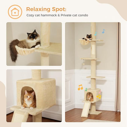 PEQULTI Cat Tree Floor to Ceiling, Tall Cat Tower, Adjustable Height (83''-108'') 5 Tiers Climbing Tree for Indoor Cats with Cat Condo, Scratching Post and Ladder, Beige
