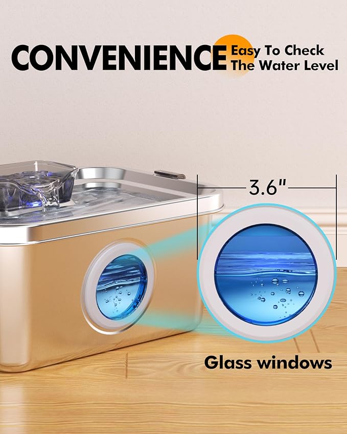 Cat & Dog Water Fountain, 2 Gallon 304 Food Grade Stainless Steel Pet Water Fountain, Ultra Quiet Dog Water Bowl Dispenser, Safety Lock, 3 Replacement Filters, Smart Water Pump Protection