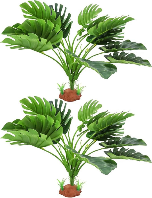 2 Pack Fake Monstera Plant Tank Decor, Realistic Artificial Plastic Plant Decoration for Reptile Amphibian Habitat Terrarium, Decor Accessories for Bearded Dragon Betta Fish Tortoise Chameleon Lizard