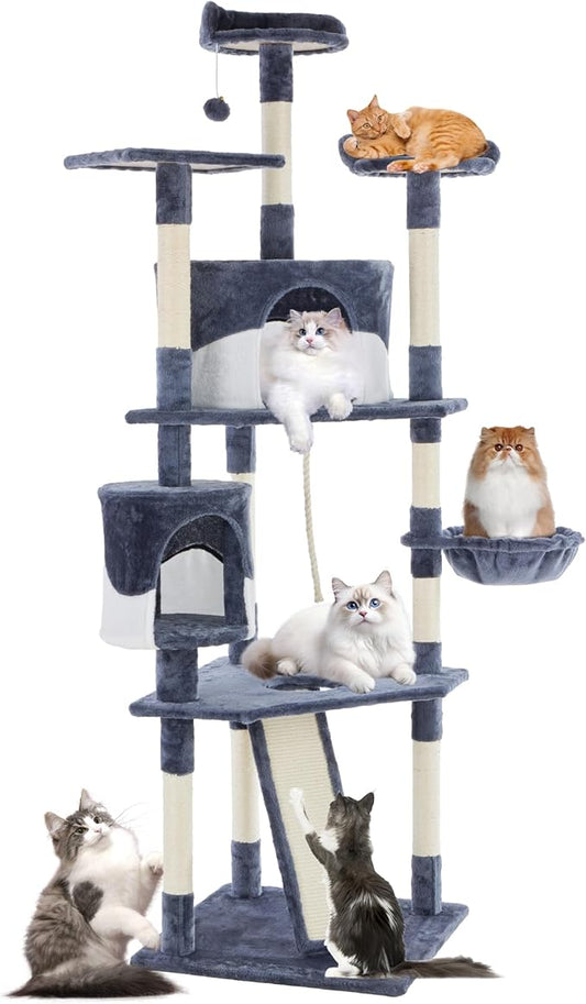 Sweetcrispy 79 inch Cat Tree Tower, Large Multi Level Cats Climbing Tower with Condo, Natural Sisal Scratching Posts, Extended Platform, Basket, Tall Pet Tree House for Indoor Cats Play, Dark Blue