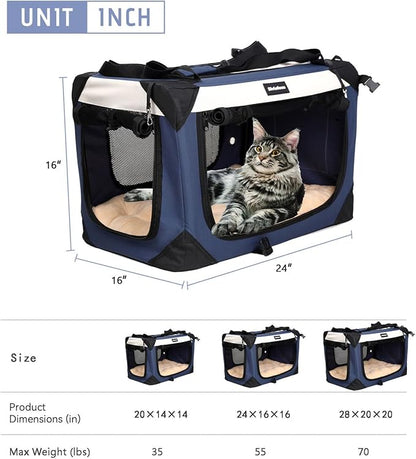 Large Cat Carrier, Collapsible Dog Travel Crate Portable Soft-Sided Pet Carrier with Super Soft Warm Plush Mat for Indoor and Outdoor 24x16x16in,Navy Blue