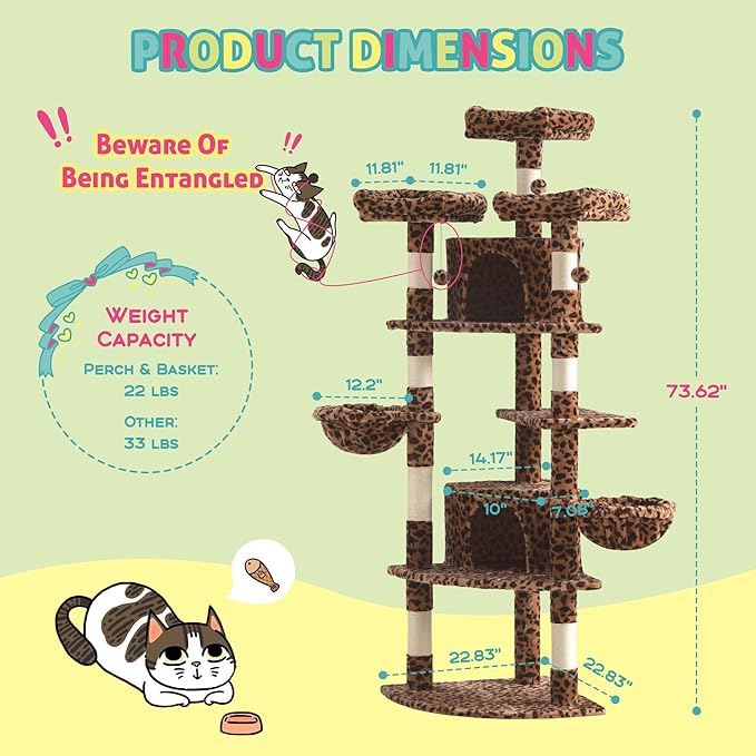 SHA CERLIN 73in Fan-Shaped Corner Cat Tower for Save Space/Multi-Level Tall Cat Tree for Indoor Kitties/Condo with Baskets/Cozy Perches/Sisal Scratching Posts/Pet Activity House/Leopard Print