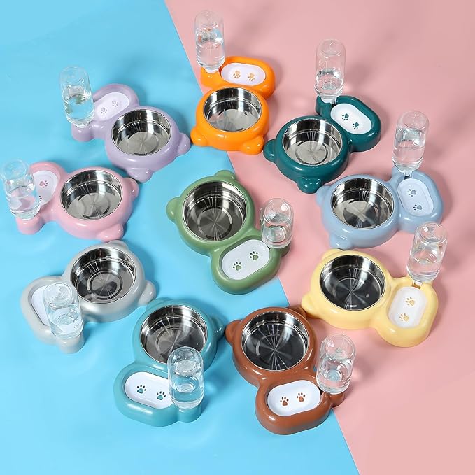 Dog Bowls, Cat Food and Water Bowl Set with Water Dispenser and Stainless Steel Bowl for Cats and Small Dogs - Orange