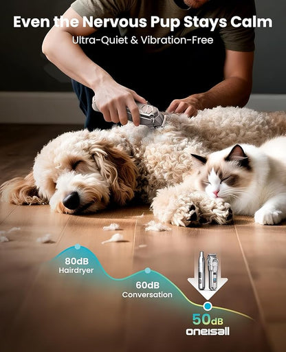 oneisall Dog Clippers for Grooming Thick/Heavy Coats, 4-in-1 Dog Grooming Kit Low Noise with Stainless Steel Blade, Cordless Dogs Paw Trimmer Pet Nail Grinder for Small & Large Dogs Cats Animals