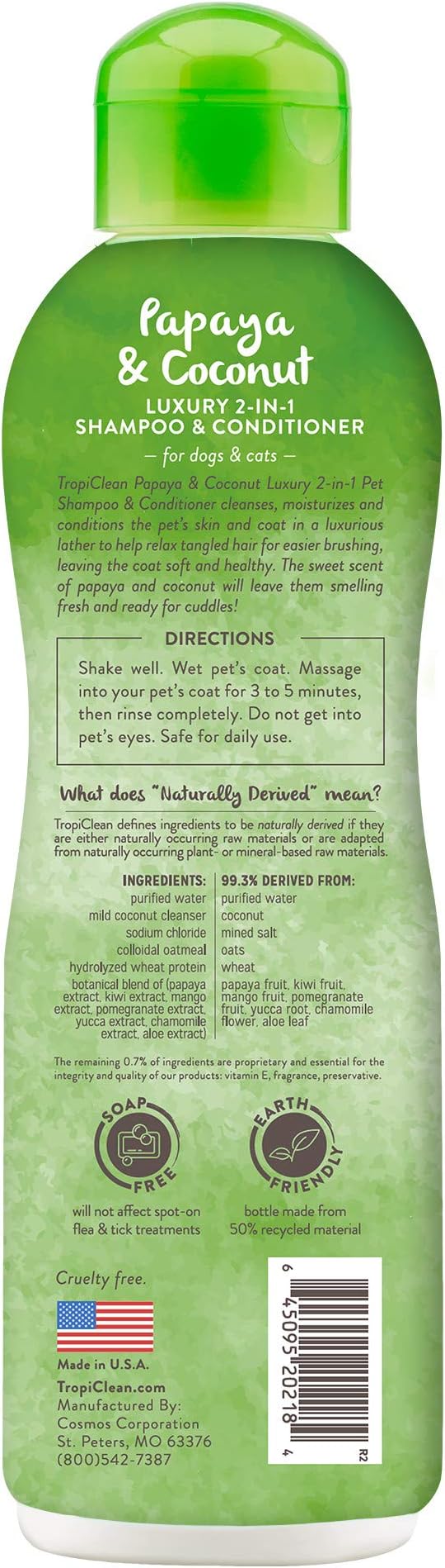 TropiClean 2-in-1 Dog Shampoo and Conditioner, Moisturizing Dog Detangler, Puppy Safe, Made in the USA, Papaya Scent, Cat & Kitten Safe, 20oz.
