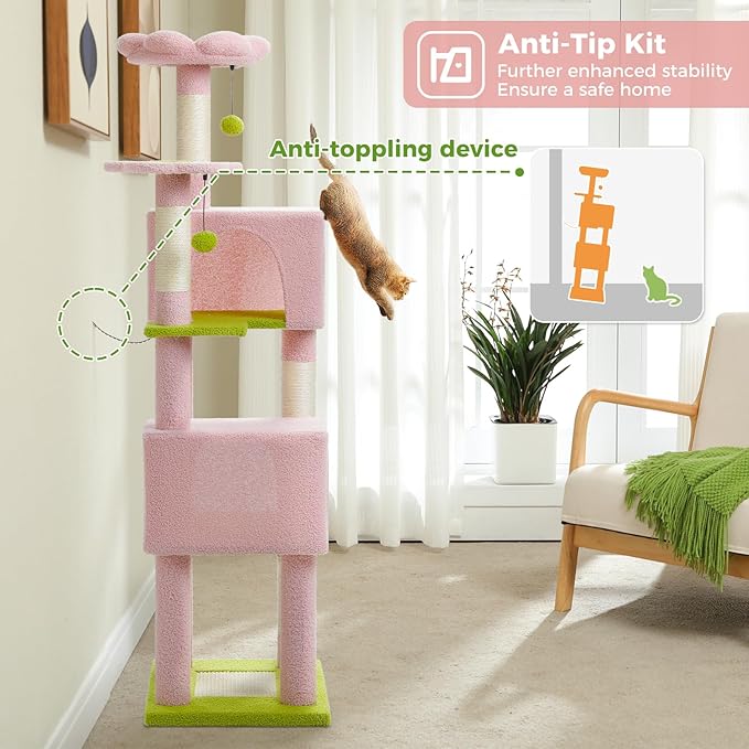 62" Flower Cat Tree for Indoor Cats, Multi-Level Cat Tower with 2 Spacious Condos, Dual Top Perches, Scratching Pad, 4 Scratching Posts, 2 Pompoms, Pink